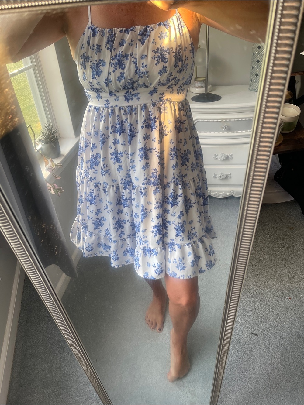 White and Blue Floral Tiered Sundress Skirt